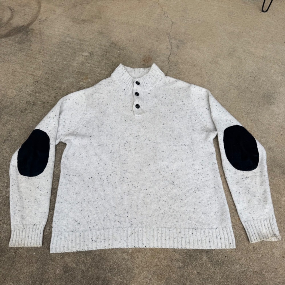 Chaps Mens Mock Neck Henley Sweater Cream Oatmeal Speckled Elbow Patches Size M